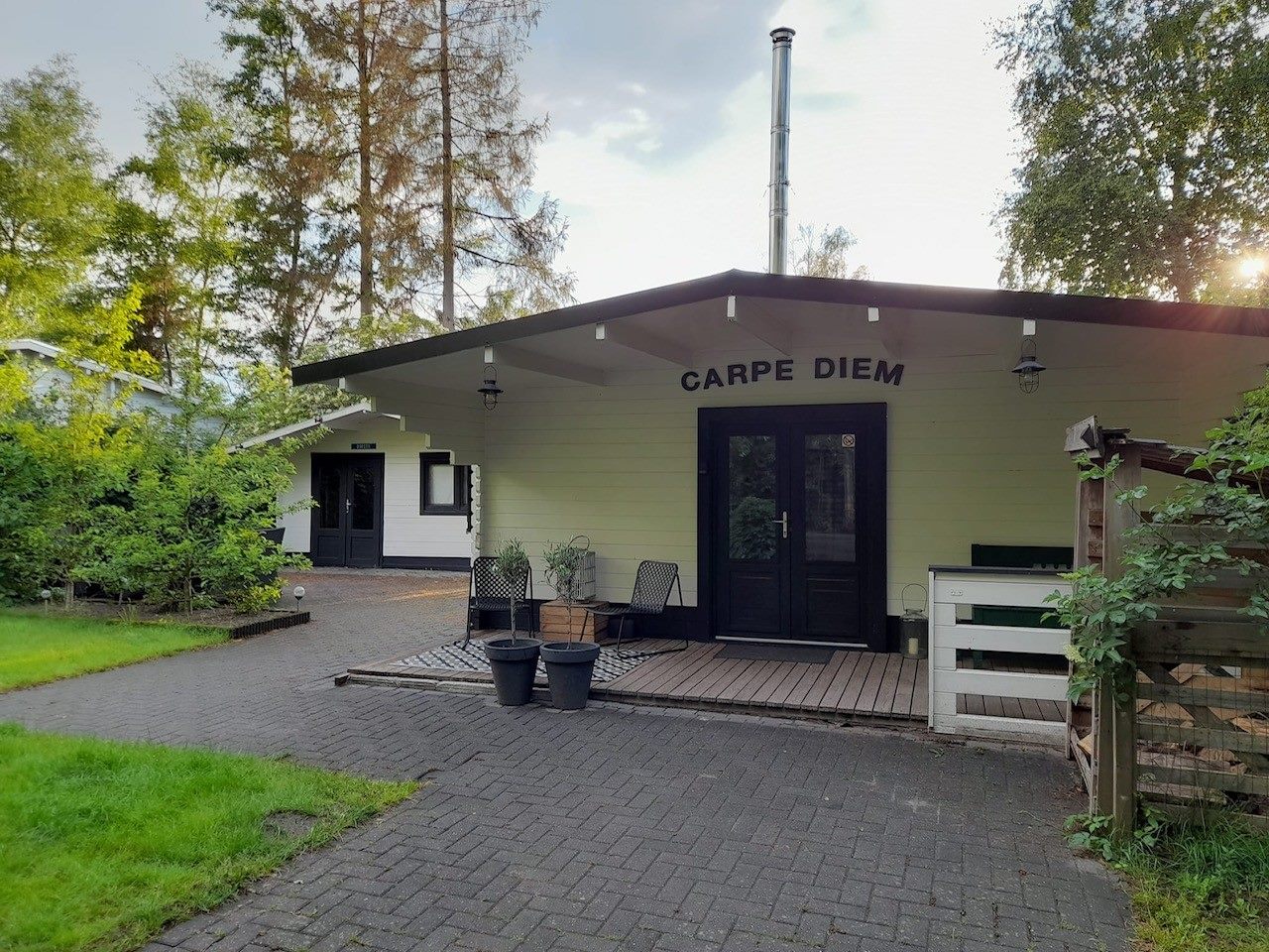 Vooraanzicht van Chalet Carpe Diem in het bos